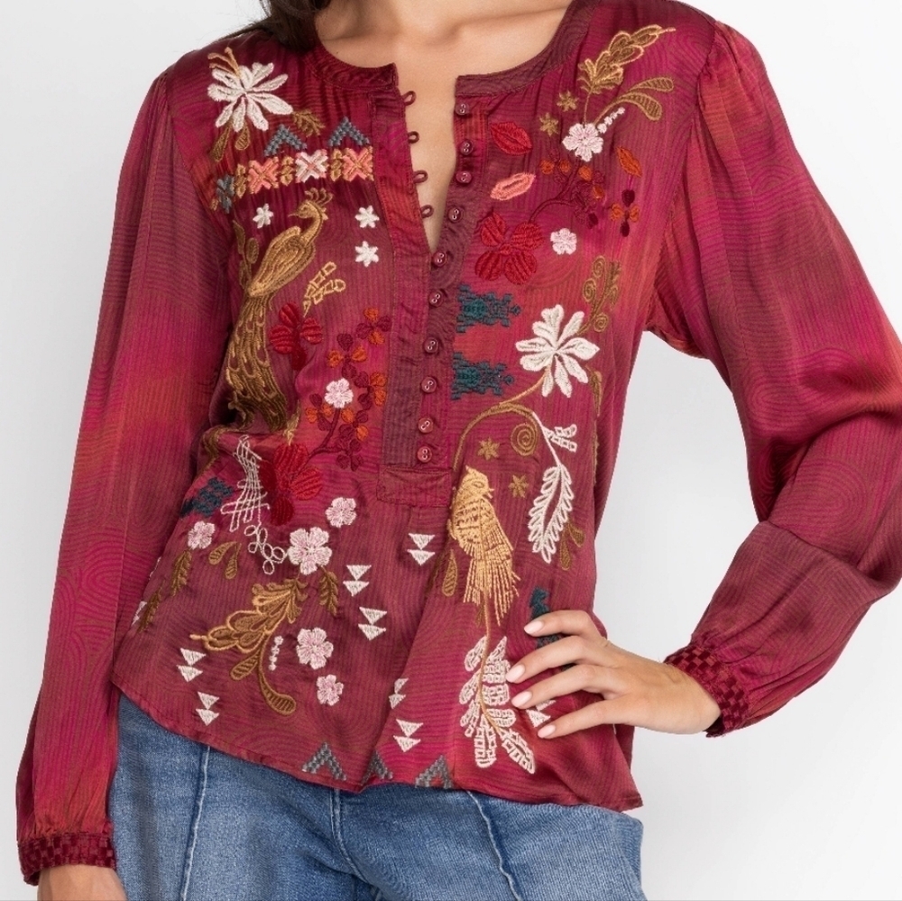 NWT Johnny Was ZUZU FIELD burgundy Henley Boho Blouse long sleeve sz L